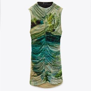 Zara NWT sleeveless printed tulle mini dress / Green